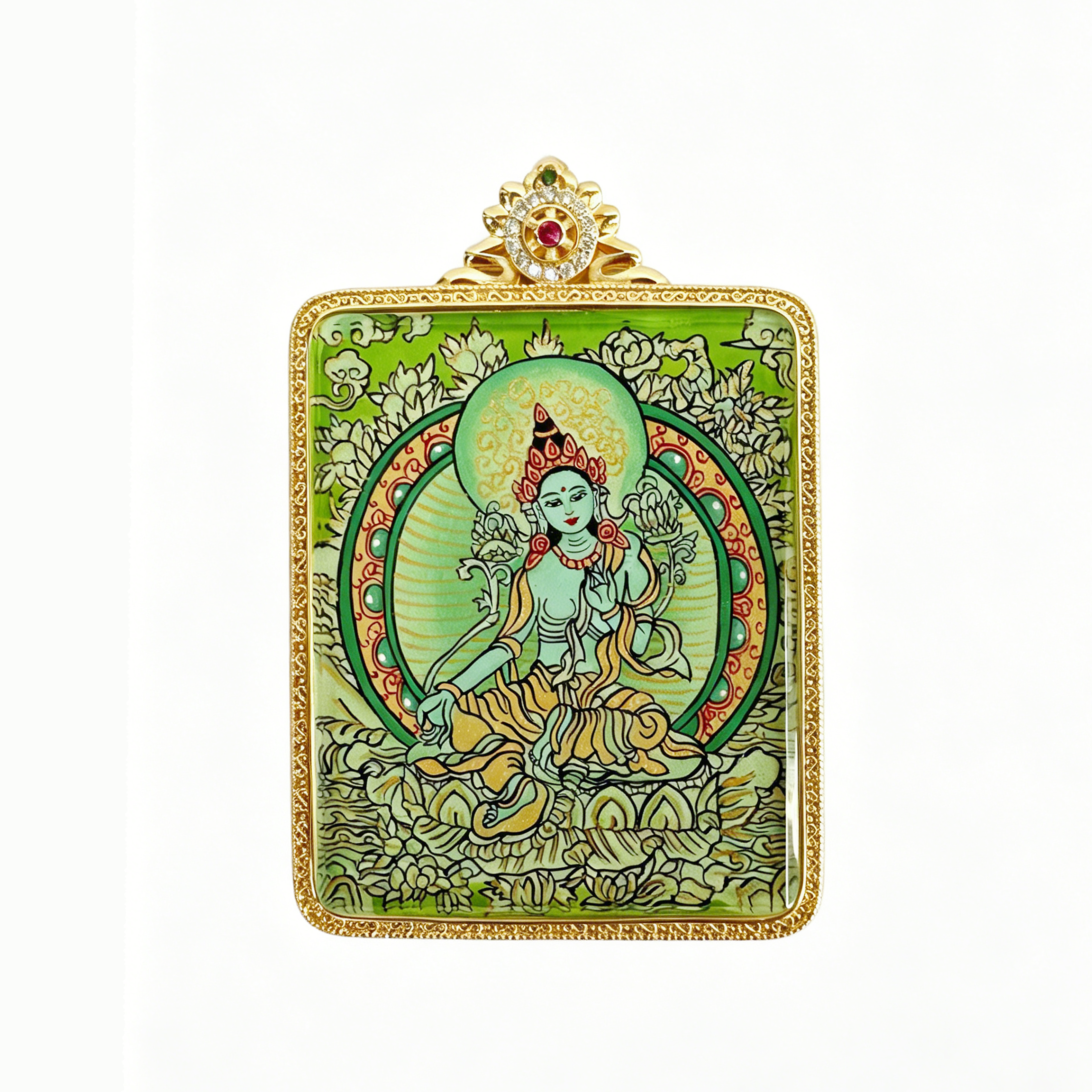 Hand-painted Double-sided Green Tara Mini Thangka Pendant