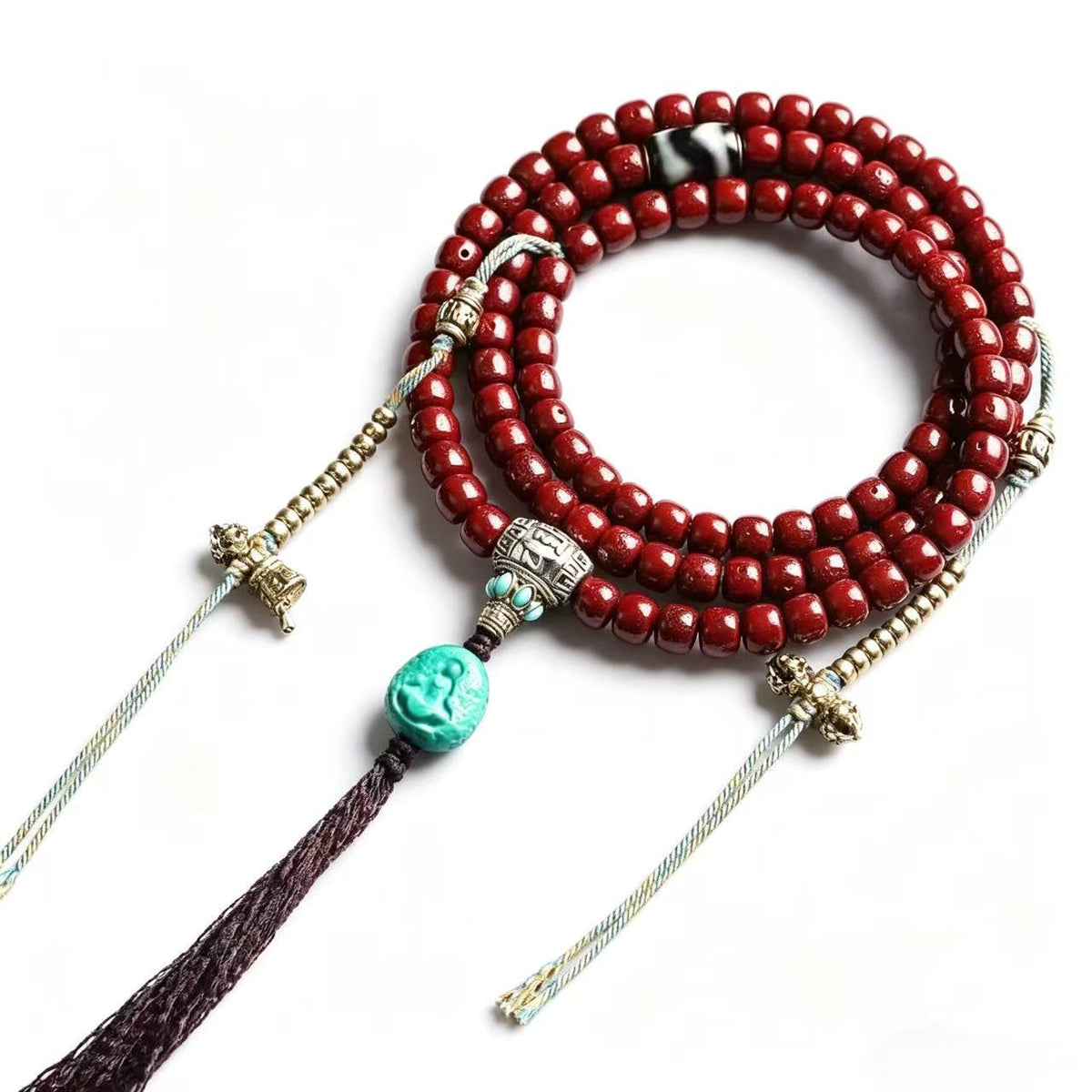 Cinnabar-Treated Bodhi & Dzi Mala 108 Beads