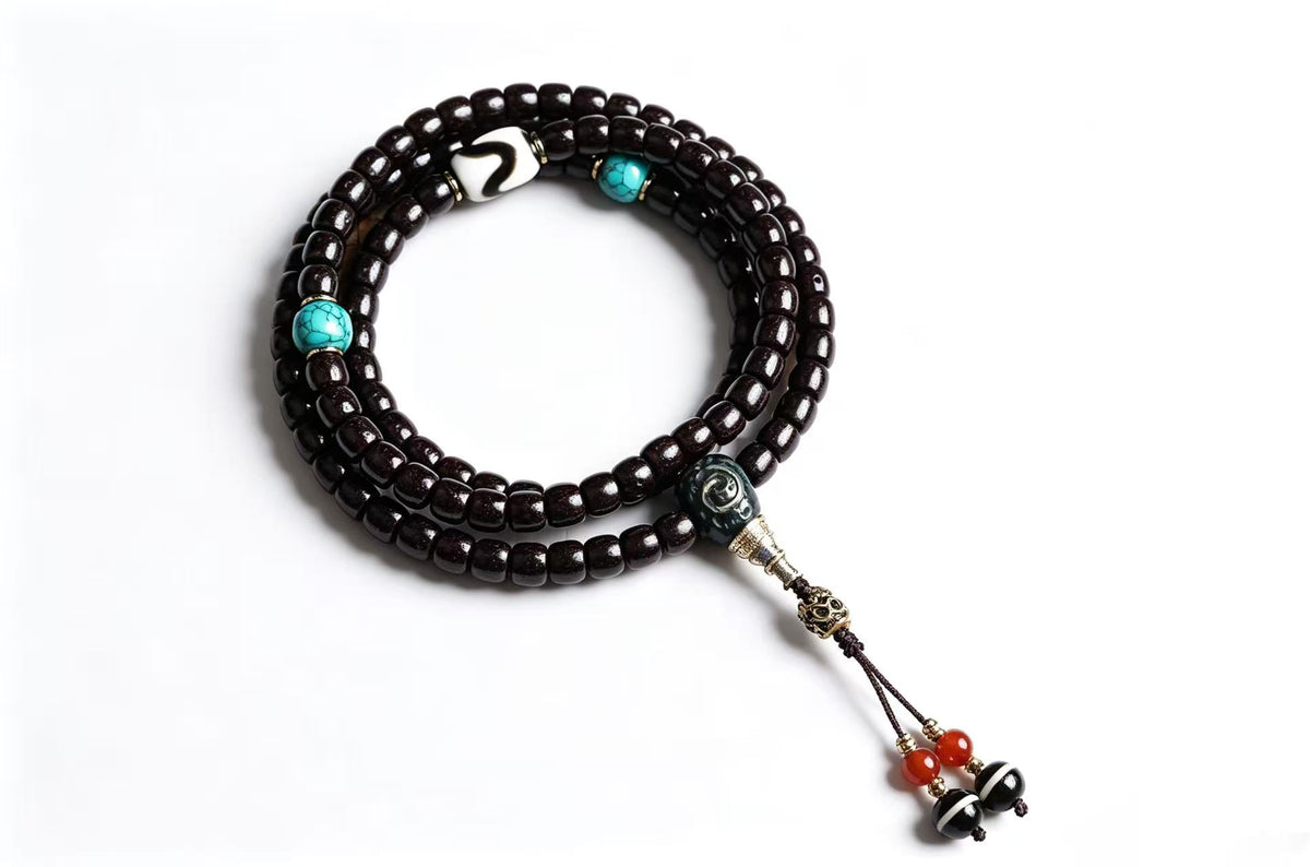 Cinnabar-Treated Star-Moon & Dzi Mala 108 Beads