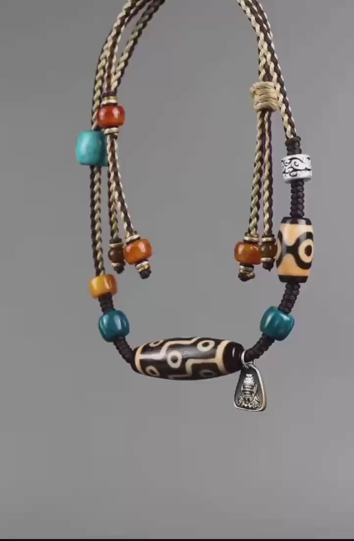 Nine-Eyed Dzi Bead Xizang Origin Zaki Lam Pendant Necklace